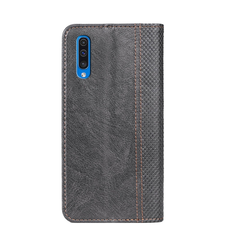 For Samsung Galaxy A50 Grid Texture Magnetic PU + TPU Horizontal Flip Leather Case with Holder & Card Slot