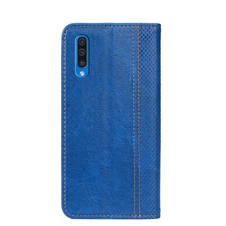 For Samsung Galaxy A50 Grid Texture Magnetic PU + TPU Horizontal Flip Leather Case with Holder & Card Slot