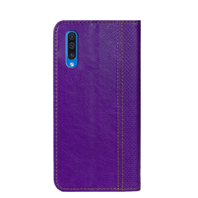 For Samsung Galaxy A50 Grid Texture Magnetic PU + TPU Horizontal Flip Leather Case with Holder & Card Slot