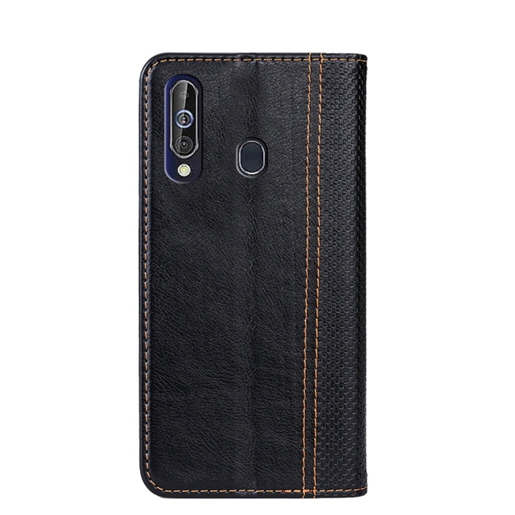 For Samsung Galaxy A60 Grid Texture Magnetic PU + TPU Horizontal Flip Leather Case with Holder & Card Slot