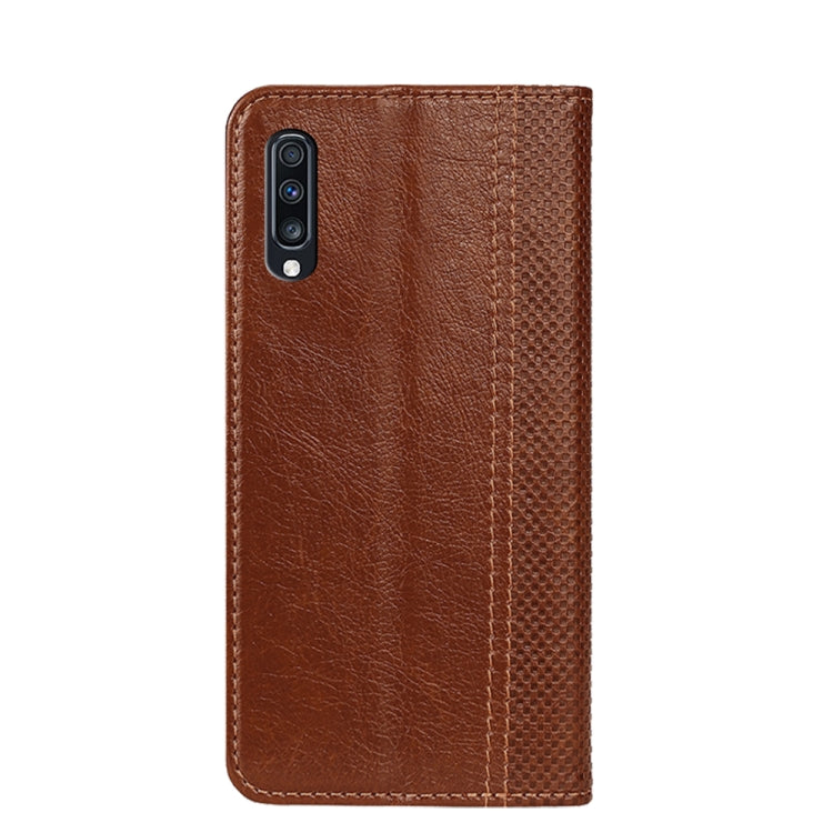 For Samsung Galaxy A70 Grid Texture Magnetic PU + TPU Horizontal Flip Leather Case with Holder & Card Slot