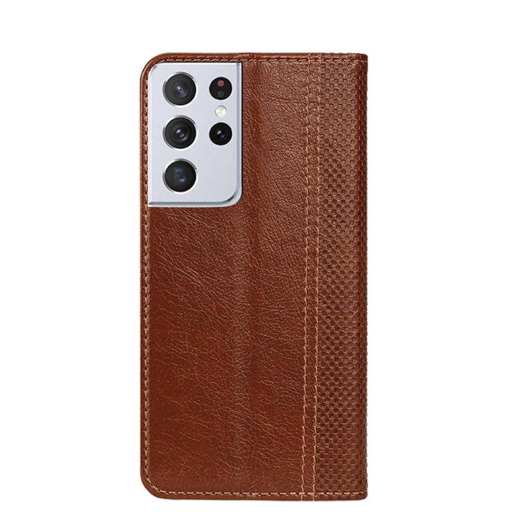 For Samsung Galaxy S21 Ultra 5G Grid Texture Magnetic PU + TPU Horizontal Flip Leather Case with Holder & Card Slot