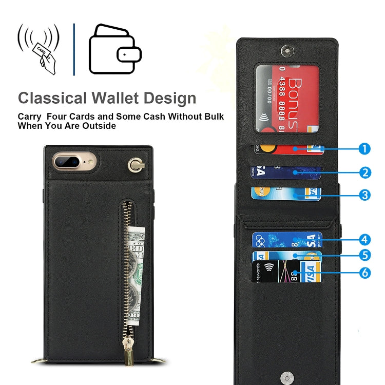 Cross-body Zipper Square TPU+PU Back Cover Case with Holder & Card Slots & Wallet & Strap For iPhone 8 Plus / 7 Plus