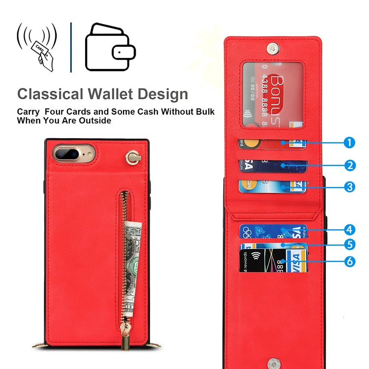 Cross-body Zipper Square TPU+PU Back Cover Case with Holder & Card Slots & Wallet & Strap For iPhone 8 Plus / 7 Plus