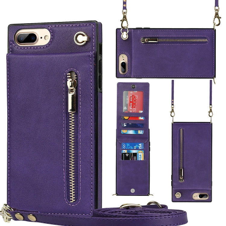 Cross-body Zipper Square TPU+PU Back Cover Case with Holder & Card Slots & Wallet & Strap For iPhone 8 Plus / 7 Plus