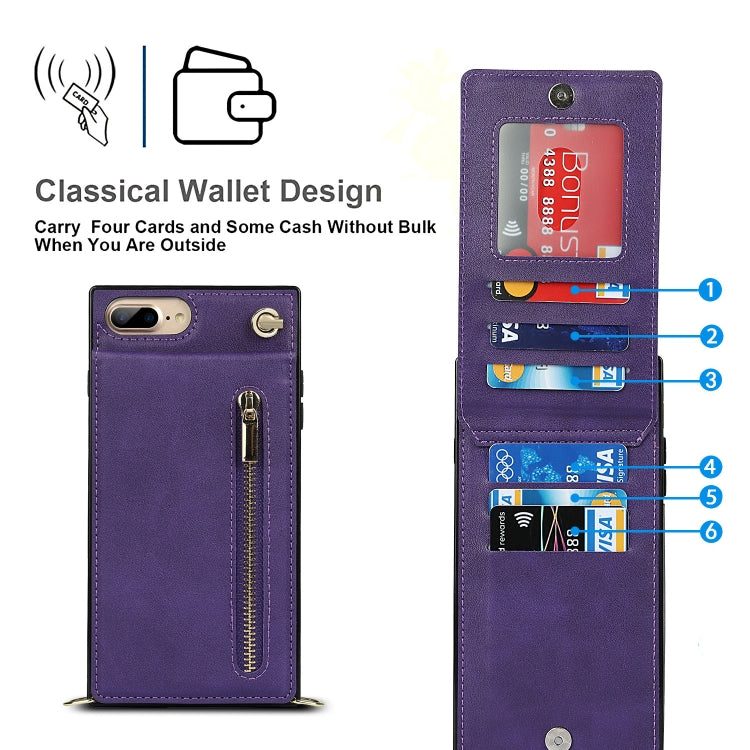 Cross-body Zipper Square TPU+PU Back Cover Case with Holder & Card Slots & Wallet & Strap For iPhone 8 Plus / 7 Plus
