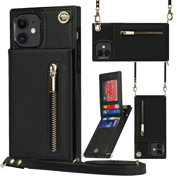 For iPhone 11 Cross-body Zipper Square TPU+PU Back Cover Case with Holder & Card Slots & Wallet & Strap