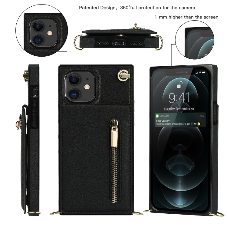 For iPhone 11 Cross-body Zipper Square TPU+PU Back Cover Case with Holder & Card Slots & Wallet & Strap