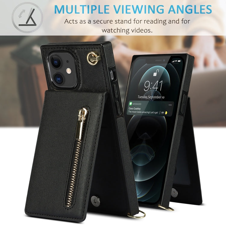 For iPhone 11 Cross-body Zipper Square TPU+PU Back Cover Case with Holder & Card Slots & Wallet & Strap
