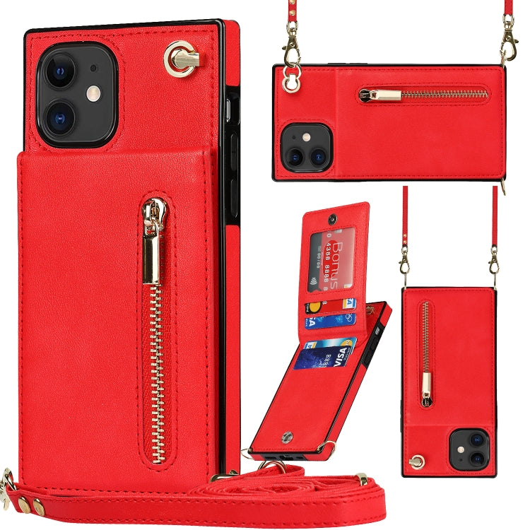 For iPhone 11 Cross-body Zipper Square TPU+PU Back Cover Case with Holder & Card Slots & Wallet & Strap