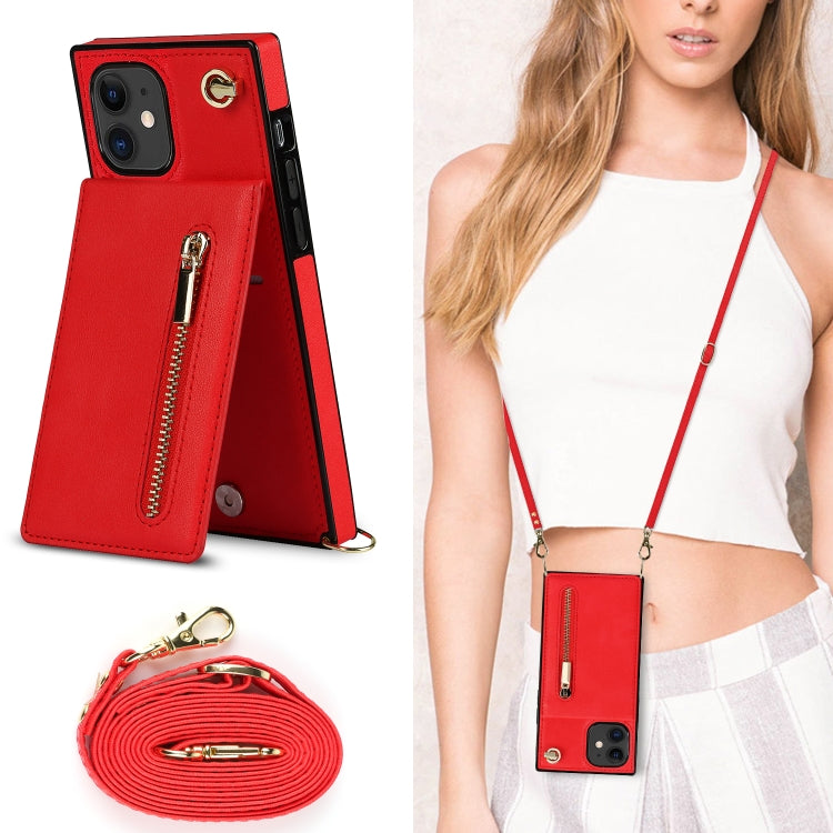 For iPhone 11 Cross-body Zipper Square TPU+PU Back Cover Case with Holder & Card Slots & Wallet & Strap