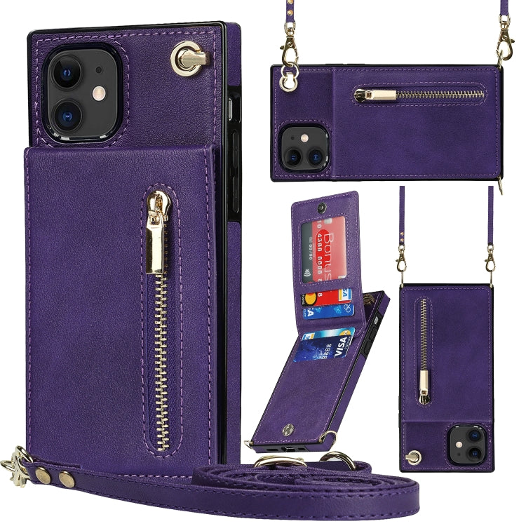 For iPhone 11 Cross-body Zipper Square TPU+PU Back Cover Case with Holder & Card Slots & Wallet & Strap