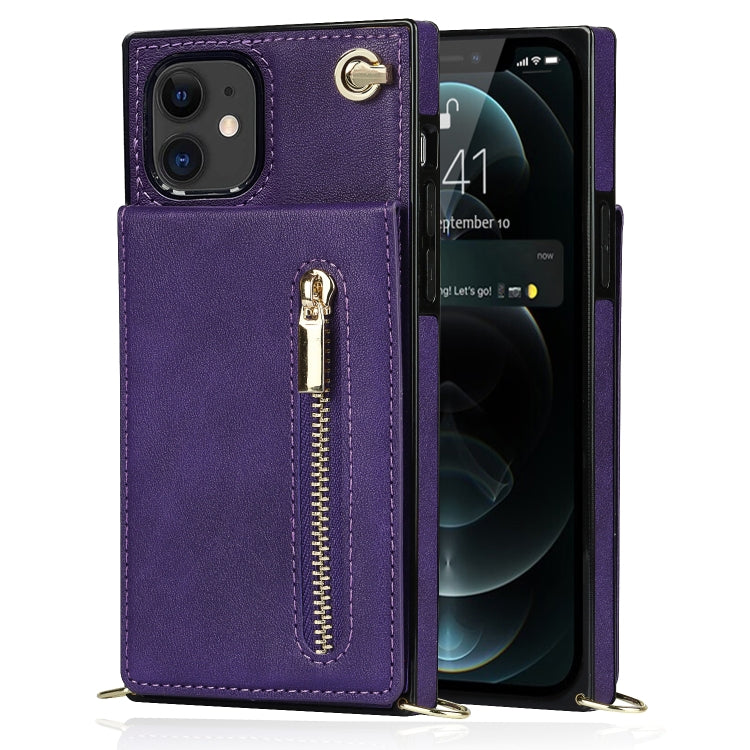 For iPhone 11 Cross-body Zipper Square TPU+PU Back Cover Case with Holder & Card Slots & Wallet & Strap