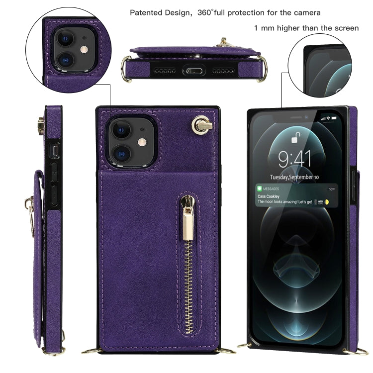 For iPhone 11 Cross-body Zipper Square TPU+PU Back Cover Case with Holder & Card Slots & Wallet & Strap