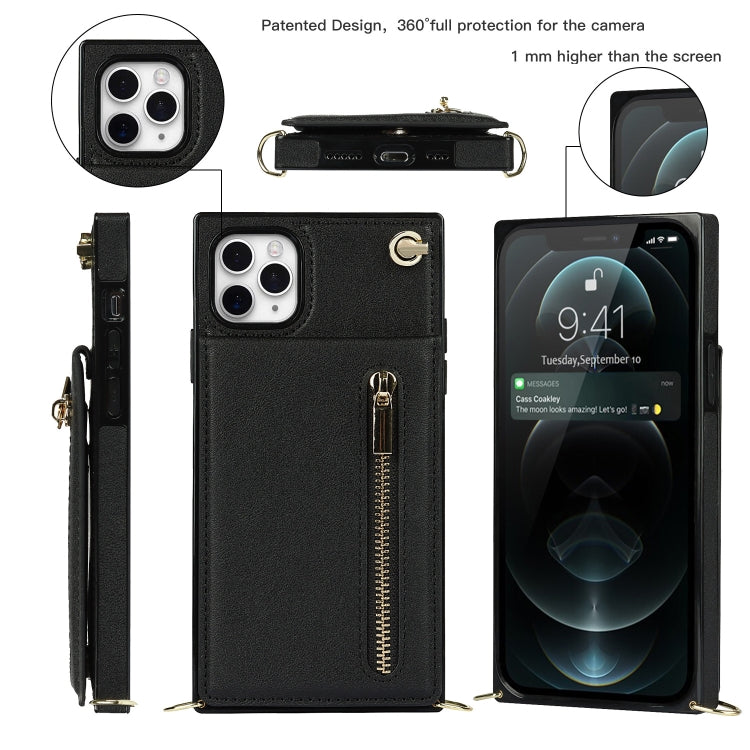 For iPhone 11 Pro Cross-body Zipper Square TPU+PU Back Cover Case with Holder & Card Slots & Wallet & Strap