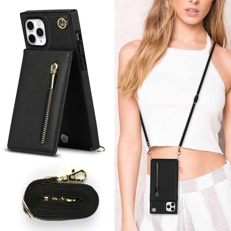 For iPhone 11 Pro Cross-body Zipper Square TPU+PU Back Cover Case with Holder & Card Slots & Wallet & Strap