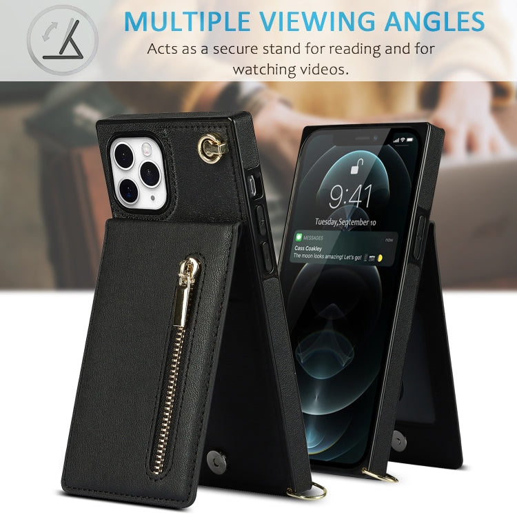 For iPhone 11 Pro Cross-body Zipper Square TPU+PU Back Cover Case with Holder & Card Slots & Wallet & Strap