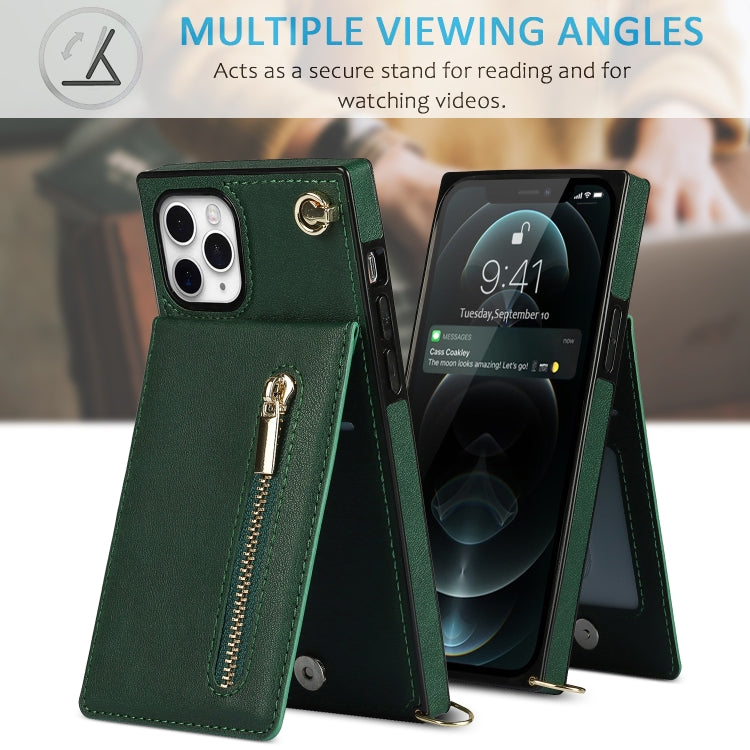 For iPhone 11 Pro Cross-body Zipper Square TPU+PU Back Cover Case with Holder & Card Slots & Wallet & Strap