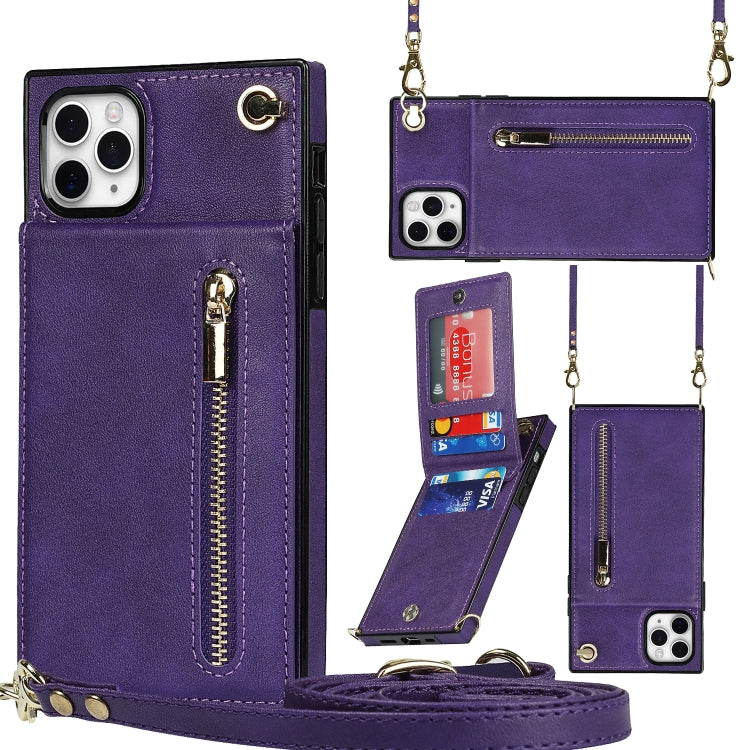 For iPhone 11 Pro Cross-body Zipper Square TPU+PU Back Cover Case with Holder & Card Slots & Wallet & Strap