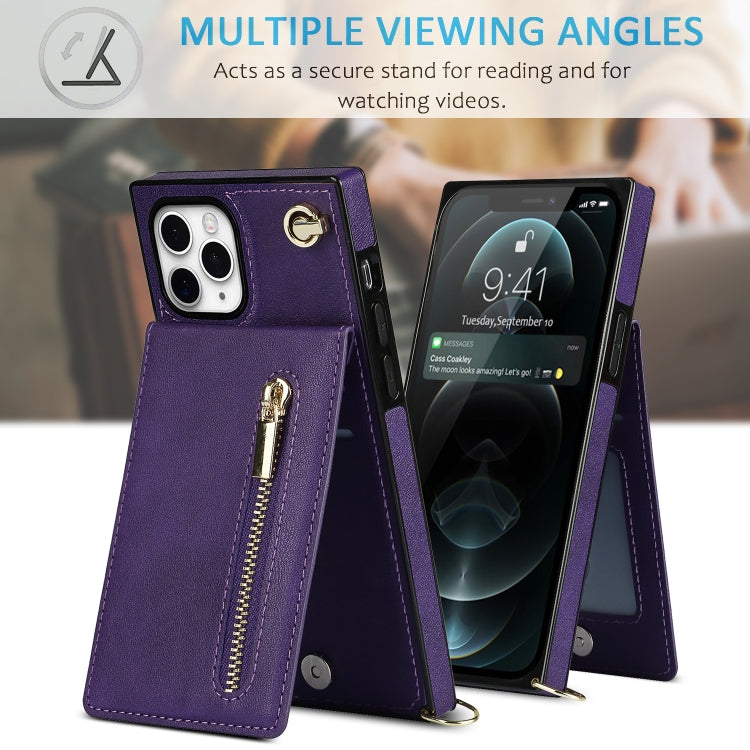 For iPhone 11 Pro Cross-body Zipper Square TPU+PU Back Cover Case with Holder & Card Slots & Wallet & Strap