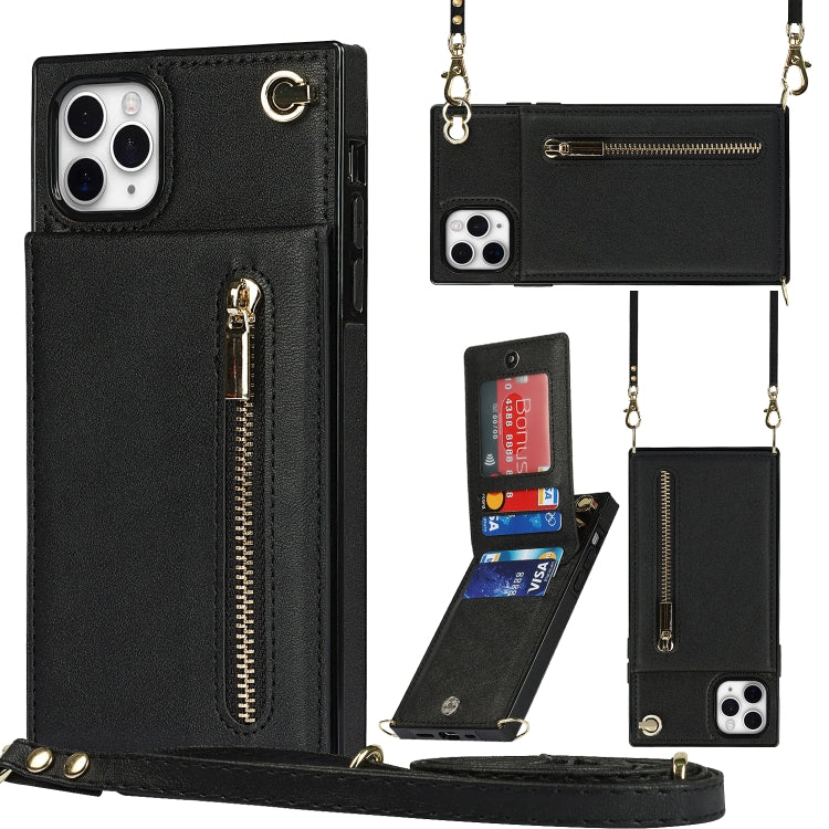 For iPhone 11 Pro Max Cross-body Zipper Square TPU+PU Back Cover Case with Holder & Card Slots & Wallet & Strap