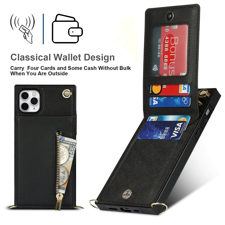 For iPhone 11 Pro Max Cross-body Zipper Square TPU+PU Back Cover Case with Holder & Card Slots & Wallet & Strap