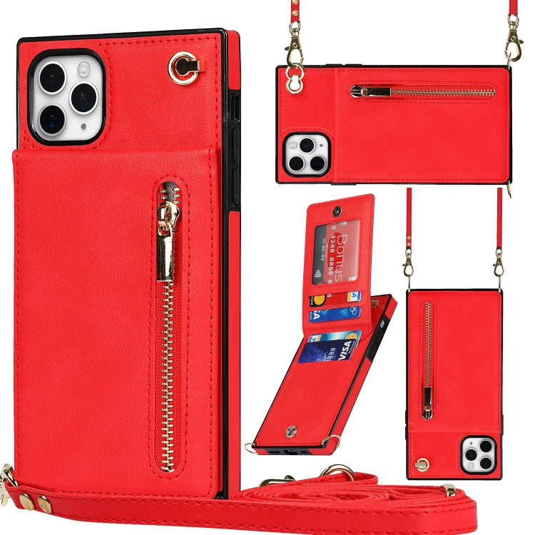 For iPhone 11 Pro Max Cross-body Zipper Square TPU+PU Back Cover Case with Holder & Card Slots & Wallet & Strap