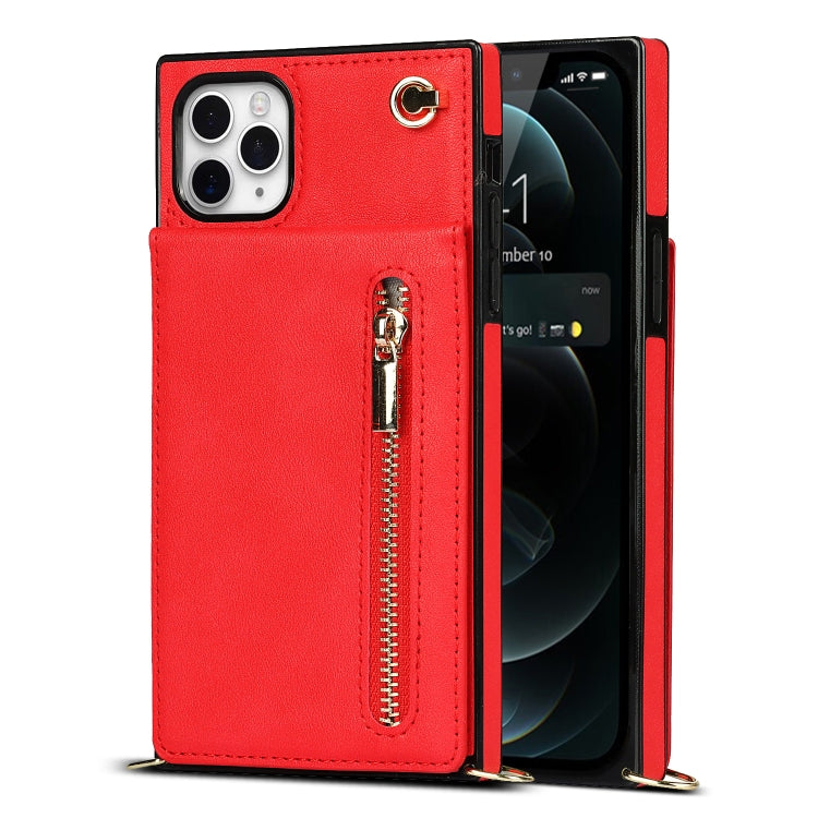 For iPhone 11 Pro Max Cross-body Zipper Square TPU+PU Back Cover Case with Holder & Card Slots & Wallet & Strap