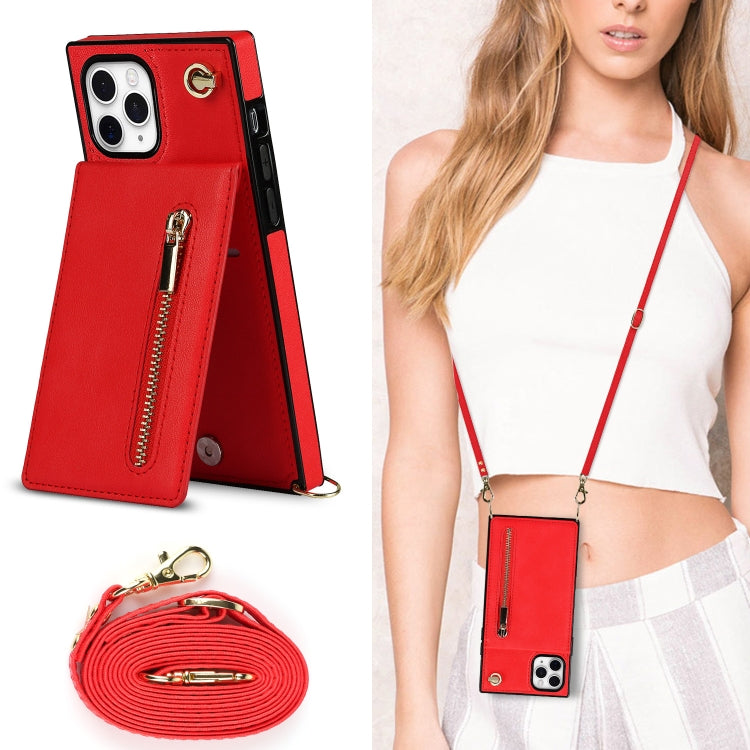 For iPhone 11 Pro Max Cross-body Zipper Square TPU+PU Back Cover Case with Holder & Card Slots & Wallet & Strap