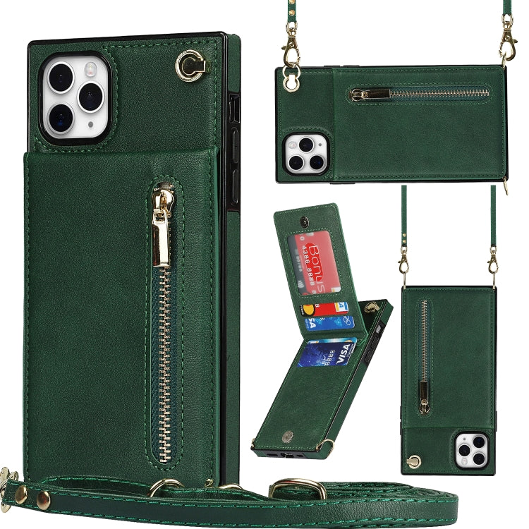 For iPhone 11 Pro Max Cross-body Zipper Square TPU+PU Back Cover Case with Holder & Card Slots & Wallet & Strap