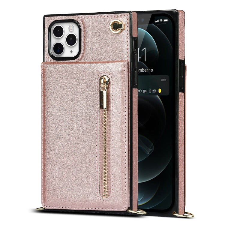 For iPhone 11 Pro Max Cross-body Zipper Square TPU+PU Back Cover Case with Holder & Card Slots & Wallet & Strap