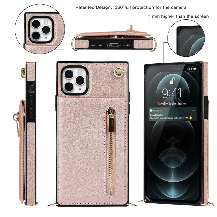 For iPhone 11 Pro Max Cross-body Zipper Square TPU+PU Back Cover Case with Holder & Card Slots & Wallet & Strap