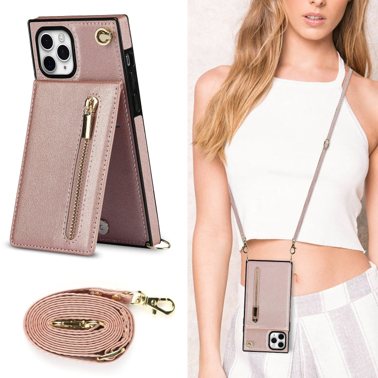 For iPhone 11 Pro Max Cross-body Zipper Square TPU+PU Back Cover Case with Holder & Card Slots & Wallet & Strap