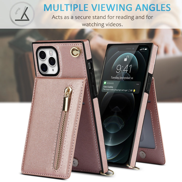 For iPhone 11 Pro Max Cross-body Zipper Square TPU+PU Back Cover Case with Holder & Card Slots & Wallet & Strap