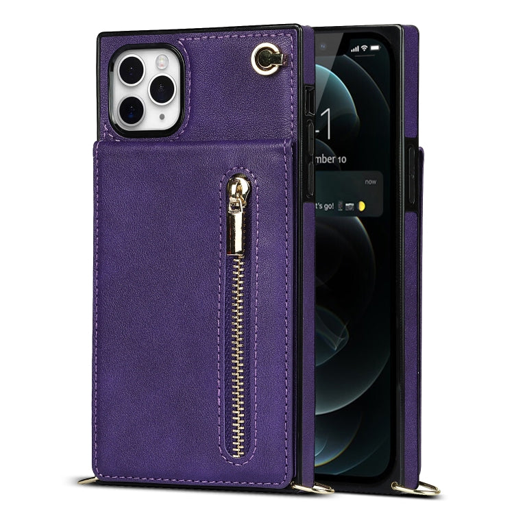 For iPhone 11 Pro Max Cross-body Zipper Square TPU+PU Back Cover Case with Holder & Card Slots & Wallet & Strap