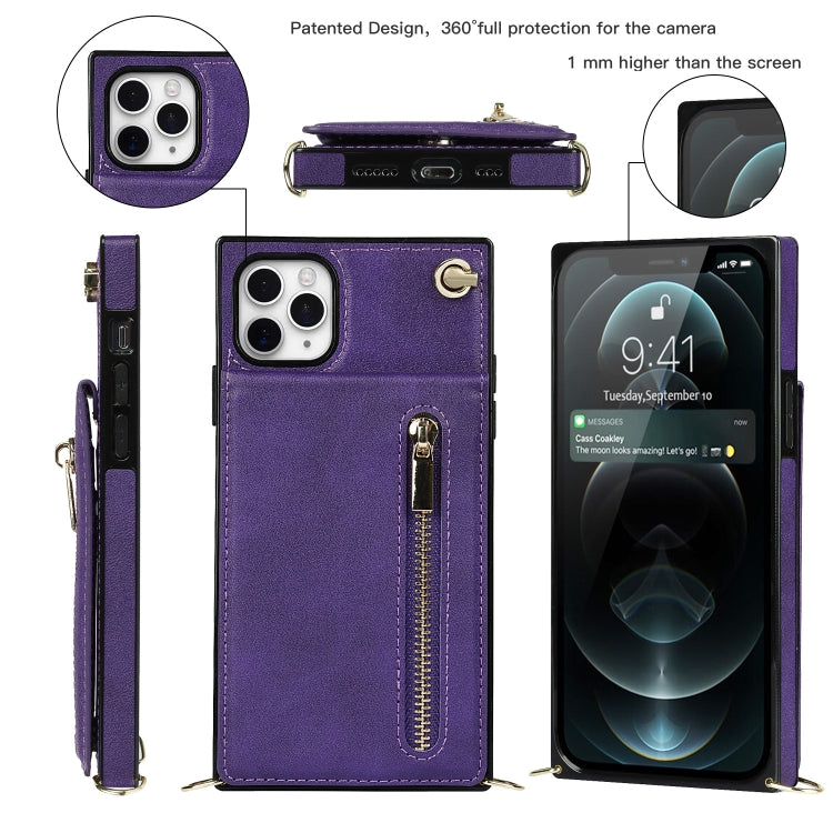 For iPhone 11 Pro Max Cross-body Zipper Square TPU+PU Back Cover Case with Holder & Card Slots & Wallet & Strap