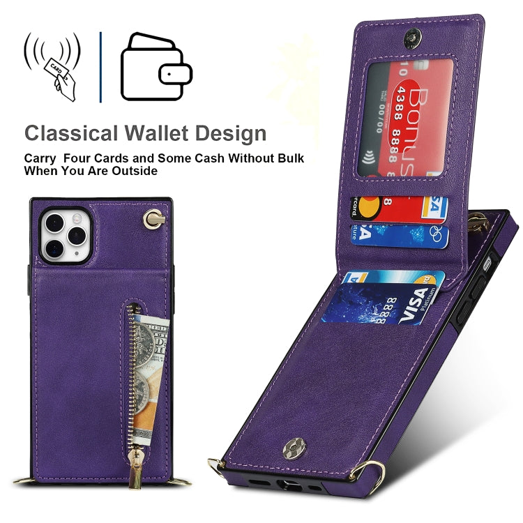 For iPhone 11 Pro Max Cross-body Zipper Square TPU+PU Back Cover Case with Holder & Card Slots & Wallet & Strap