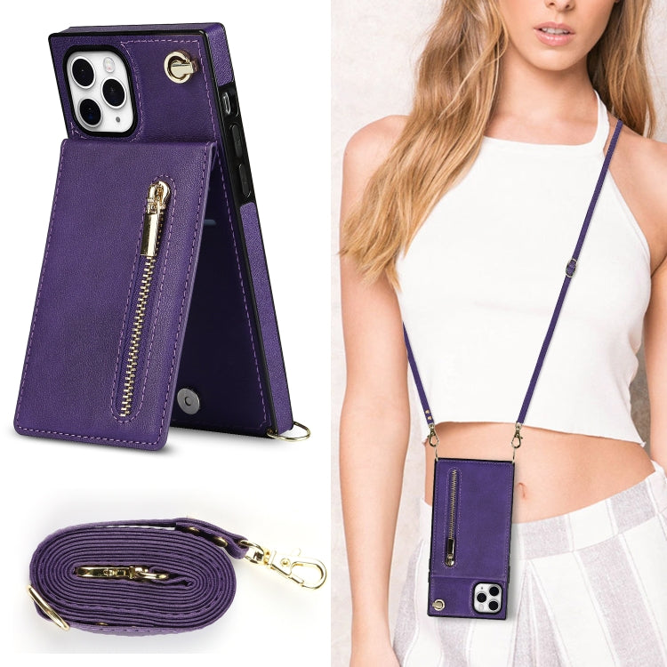 For iPhone 11 Pro Max Cross-body Zipper Square TPU+PU Back Cover Case with Holder & Card Slots & Wallet & Strap