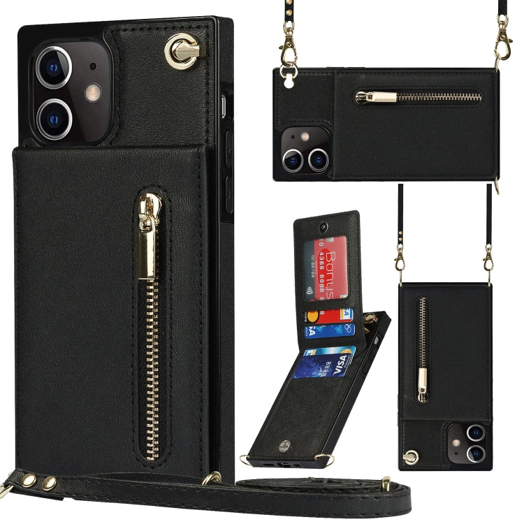For iPhone 12 mini Cross-body Zipper Square TPU+PU Back Cover Case with Holder & Card Slots & Wallet & Strap