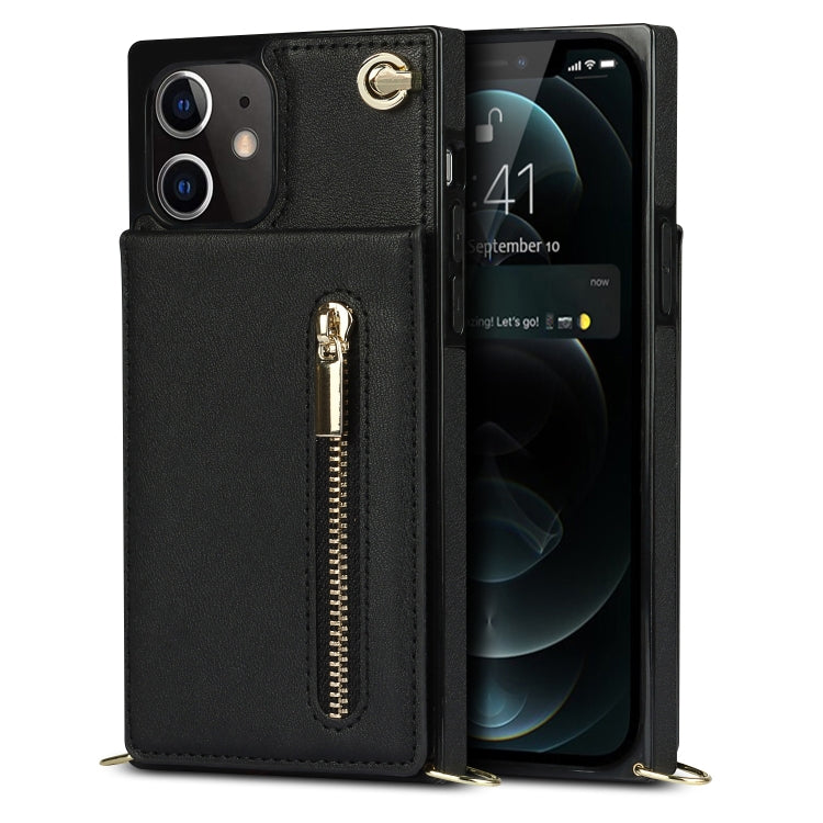 For iPhone 12 mini Cross-body Zipper Square TPU+PU Back Cover Case with Holder & Card Slots & Wallet & Strap