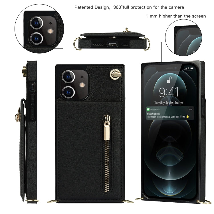 For iPhone 12 mini Cross-body Zipper Square TPU+PU Back Cover Case with Holder & Card Slots & Wallet & Strap