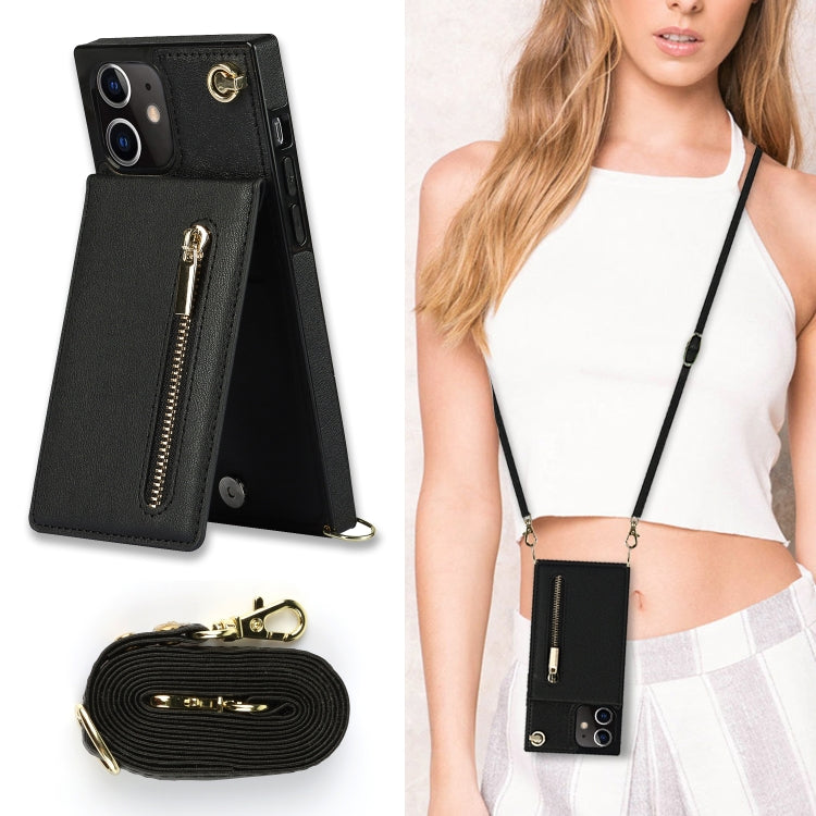 For iPhone 12 mini Cross-body Zipper Square TPU+PU Back Cover Case with Holder & Card Slots & Wallet & Strap