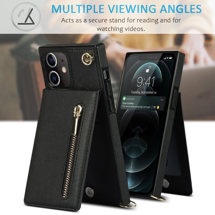 For iPhone 12 mini Cross-body Zipper Square TPU+PU Back Cover Case with Holder & Card Slots & Wallet & Strap