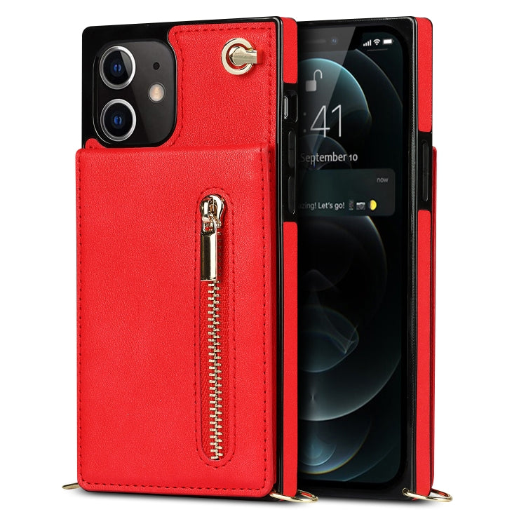 For iPhone 12 mini Cross-body Zipper Square TPU+PU Back Cover Case with Holder & Card Slots & Wallet & Strap