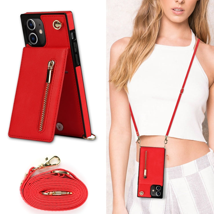For iPhone 12 mini Cross-body Zipper Square TPU+PU Back Cover Case with Holder & Card Slots & Wallet & Strap