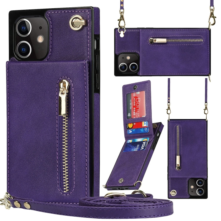 For iPhone 12 mini Cross-body Zipper Square TPU+PU Back Cover Case with Holder & Card Slots & Wallet & Strap