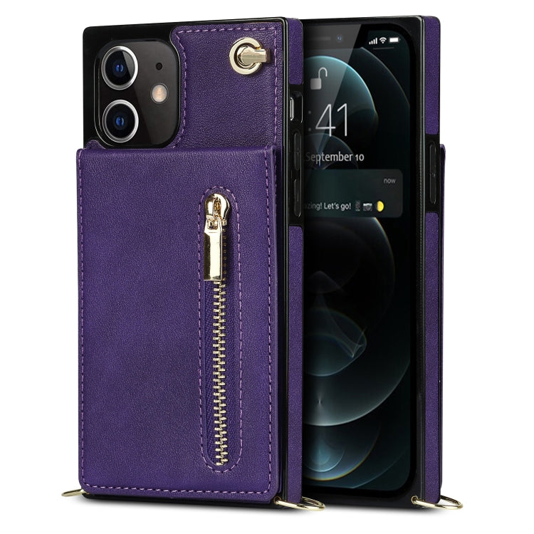 For iPhone 12 mini Cross-body Zipper Square TPU+PU Back Cover Case with Holder & Card Slots & Wallet & Strap