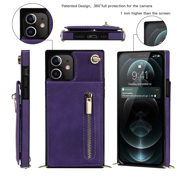 For iPhone 12 mini Cross-body Zipper Square TPU+PU Back Cover Case with Holder & Card Slots & Wallet & Strap