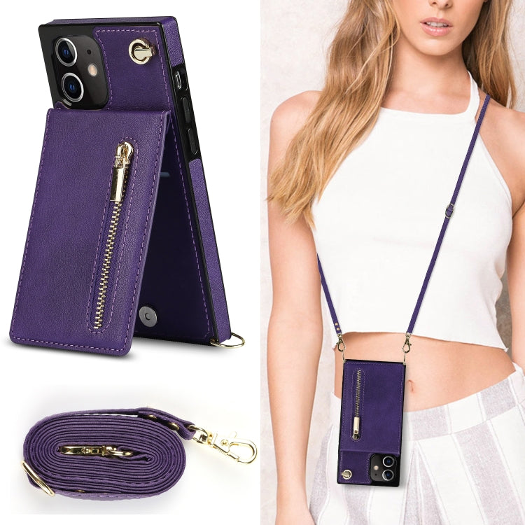 For iPhone 12 mini Cross-body Zipper Square TPU+PU Back Cover Case with Holder & Card Slots & Wallet & Strap
