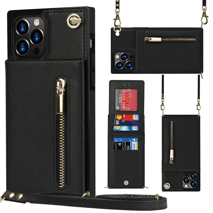 For iPhone 12 Pro Max Cross-body Zipper Square TPU+PU Back Cover Case with Holder & Card Slots & Wallet & Strap